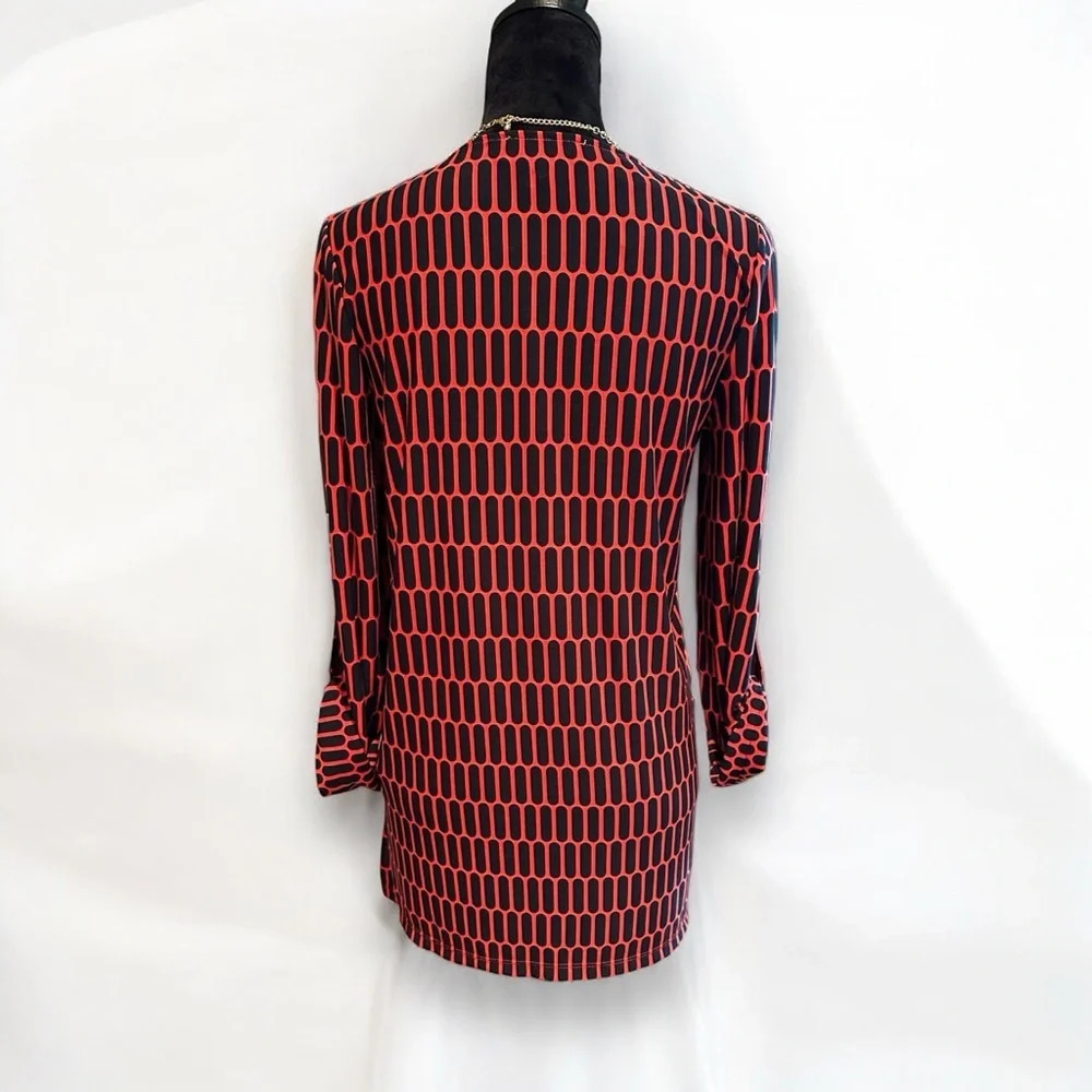 Michael Michael Kors Red‎ Black Geometric Print Gold chain Lace up  tunic top - Picture 5 of 8